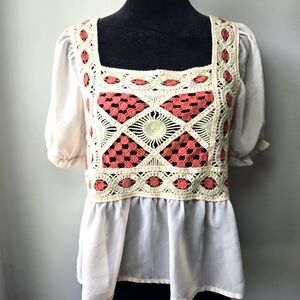 Shein Boho Crochet Puff Sleeve Peplum Top Shirt